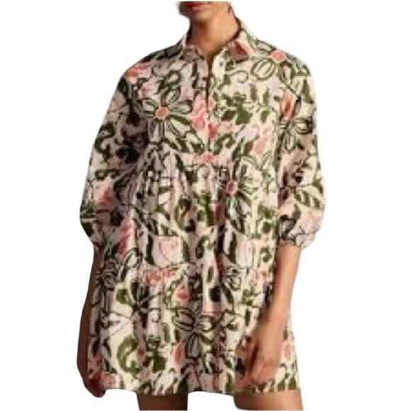 Anthropologie Dresses & Skirts - NEW Anthropologie Maeve Bentina Floral shirt mini dress Green & Peach SIZE SMALL